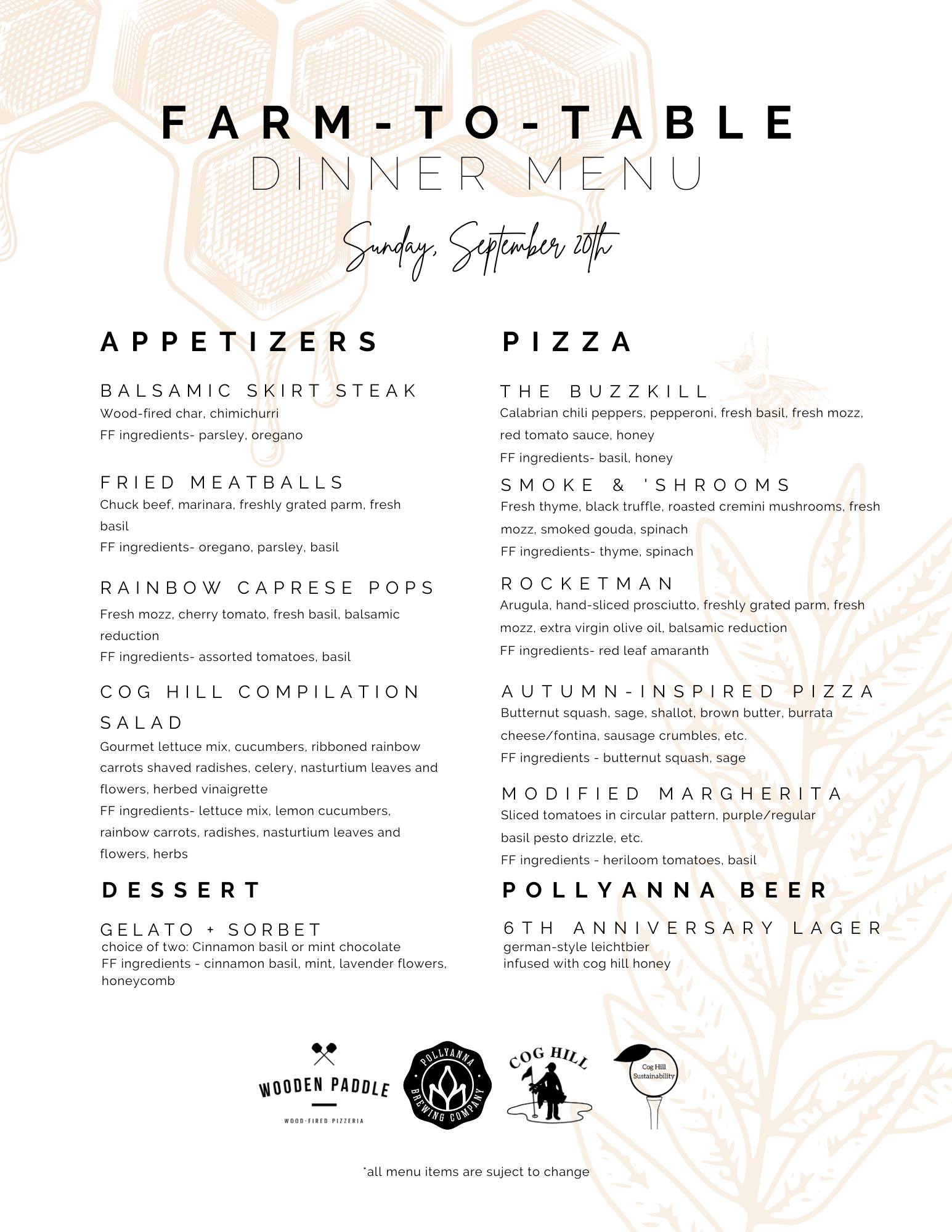 Menu for Cog Hill's Farm to Table dinner