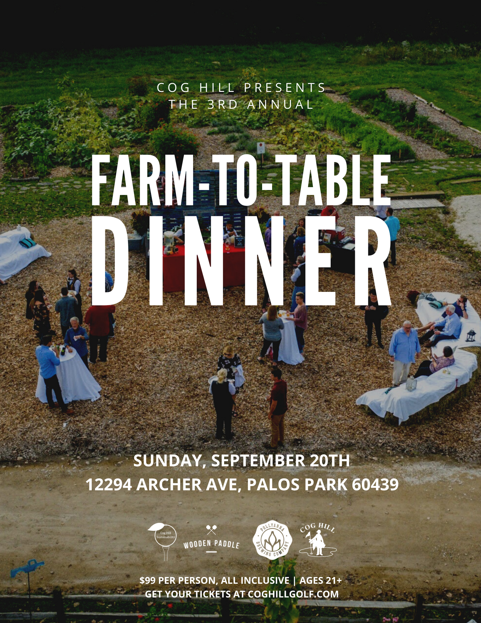 Farm to Table Dinner at Cog Hill graphic, featuring Pollyanna Brewing