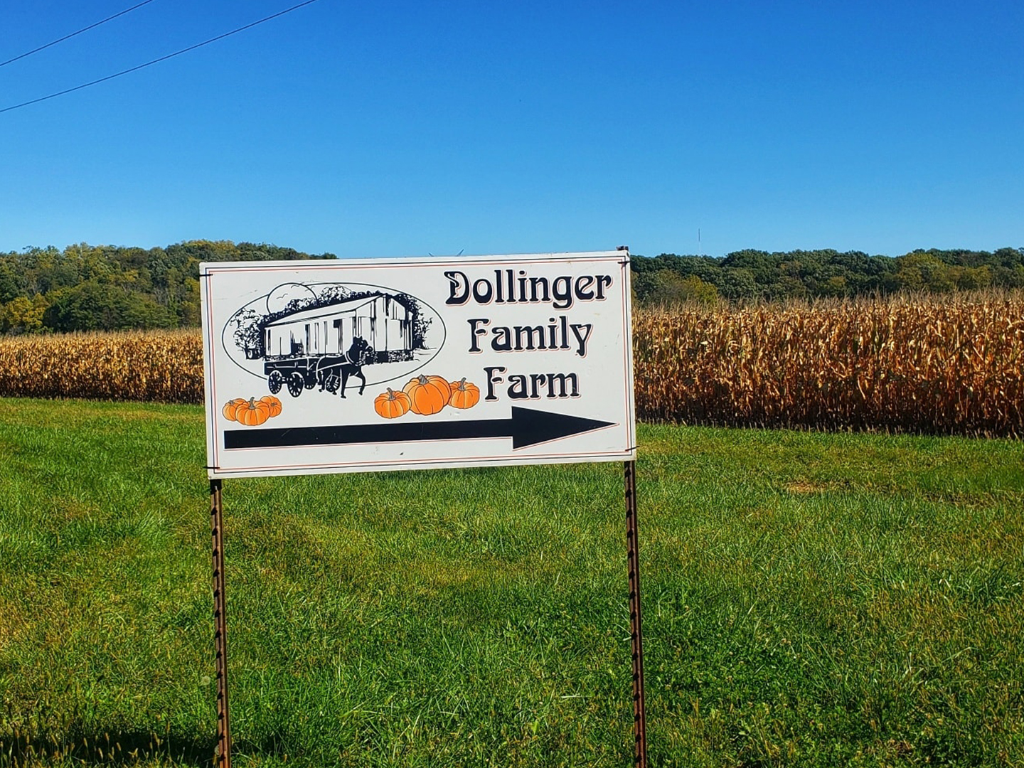 Welcome sign at dollinger farm with an arrowing pointing where to go