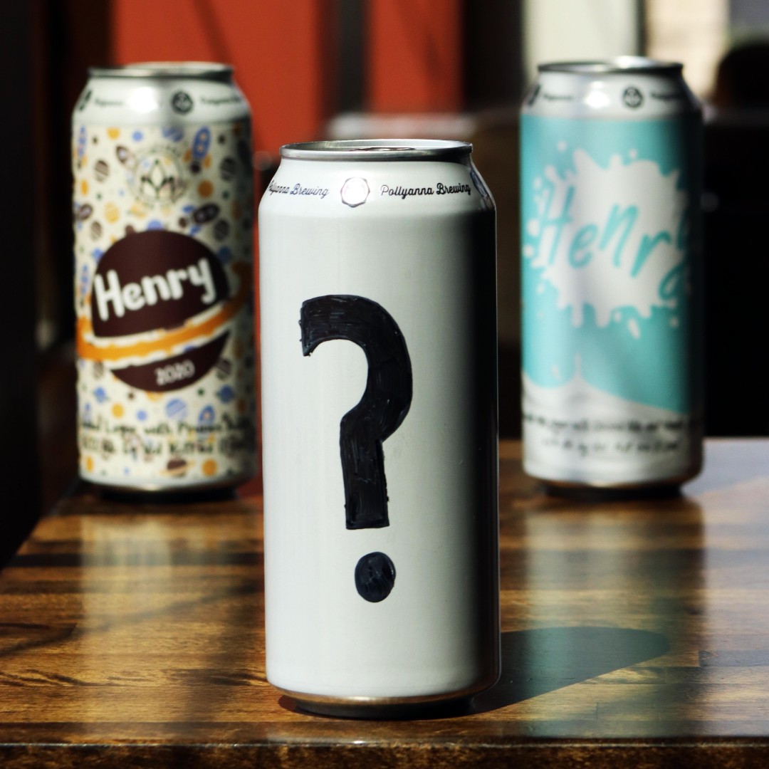 Cans of Henry, with this year's photoshopped with a big question mark