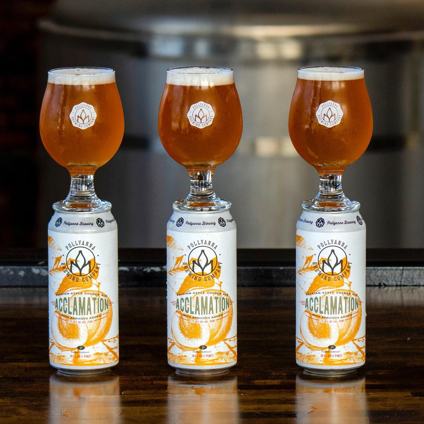 Three glasses of beer, each on top of their own can (Pollyanna Brewing)