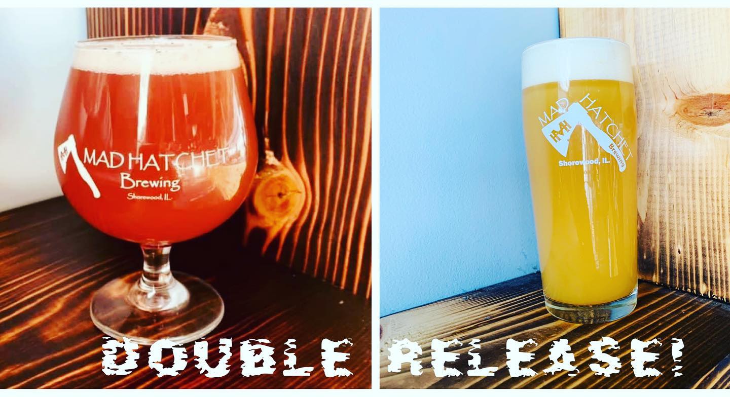 Two glasses of beer with text DOUBLE RELEASE from Mad Hatchet Brewery