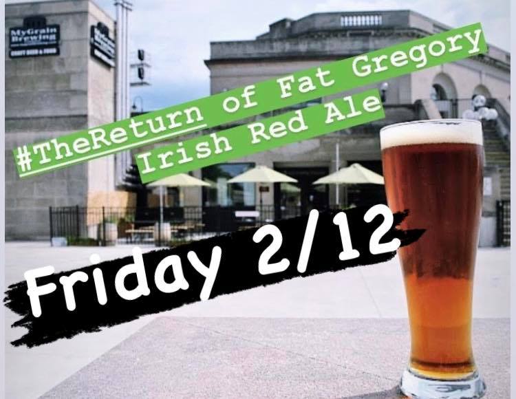 Fat Gregory Irish Red Ale glass in front of MyGrain Brewing's patio