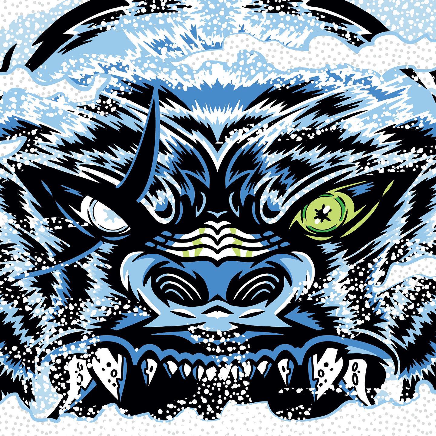 Graphic for an upcoming beer at Garage Band.  Looks like a the face of an angry blue dog.