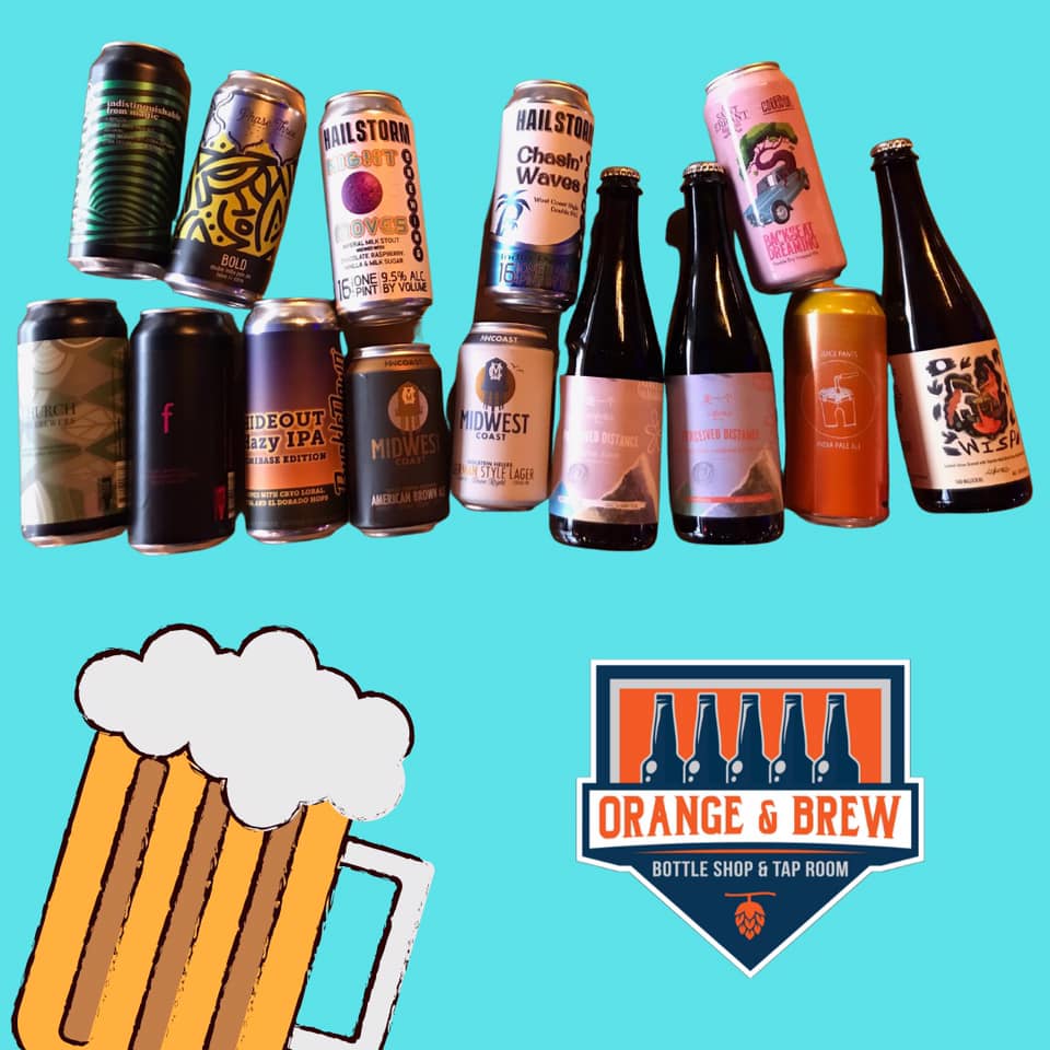 Several cans and bottles on a graphic featuring Orange & Brew logo