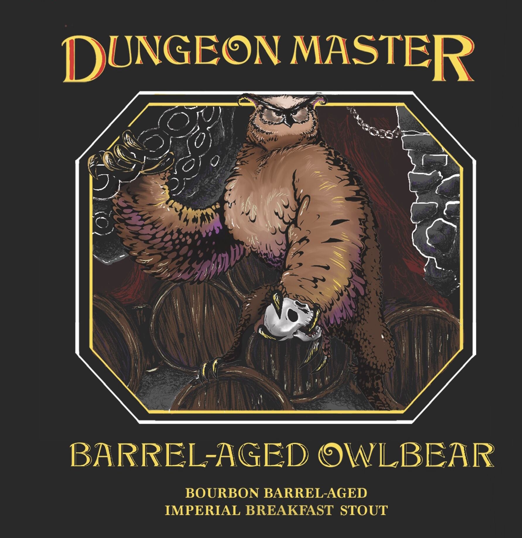 Logo for Barrel-Aged Owlbear, part of Miskatonic Brewing Company's Dungeon Master series