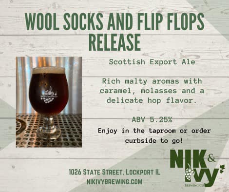 Graphic for the Wool Socks and Flip Flops release from Nik & Ivy Brewing in lockport, IL