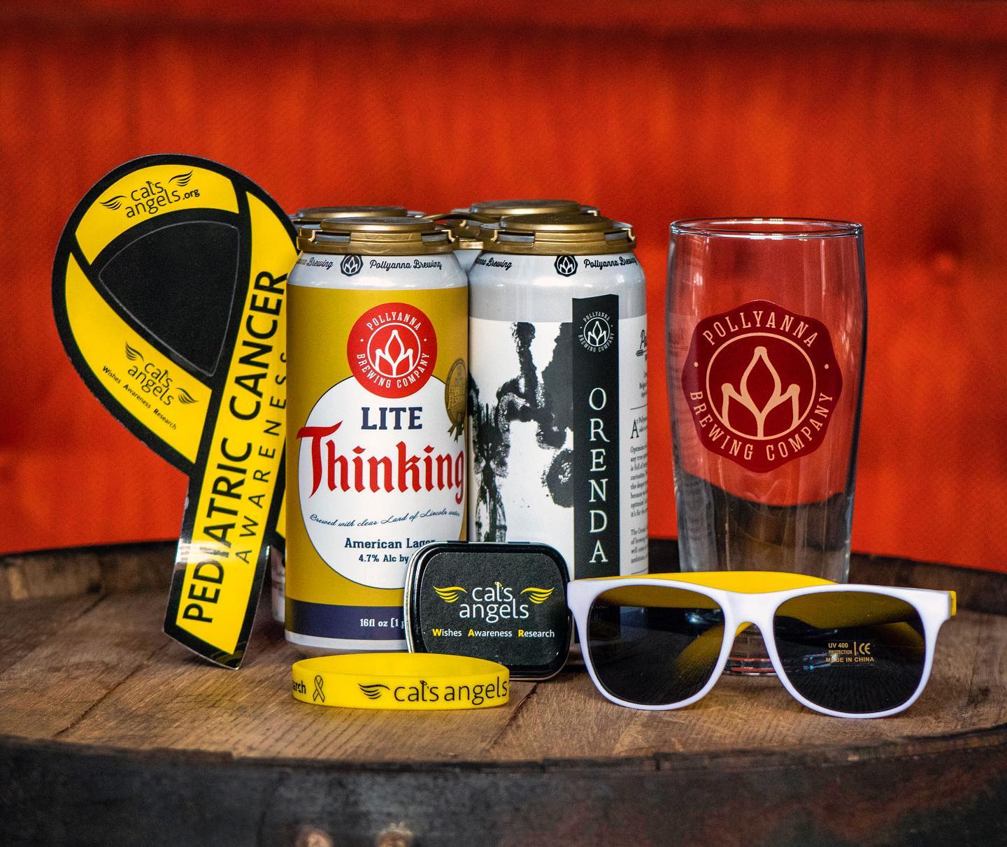 Pollyanna Beer Cans, Pollyanna Beer Glass, Pediatric Cancer Ribbon, Sunglasses, and bracelet