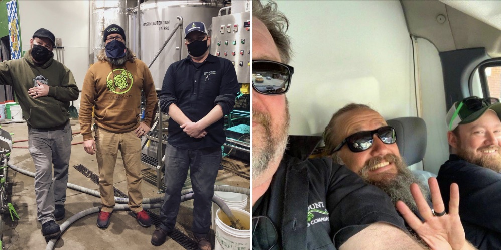 Split photo - left ... three brewers posing for a photo, right - same brewers in a van together
