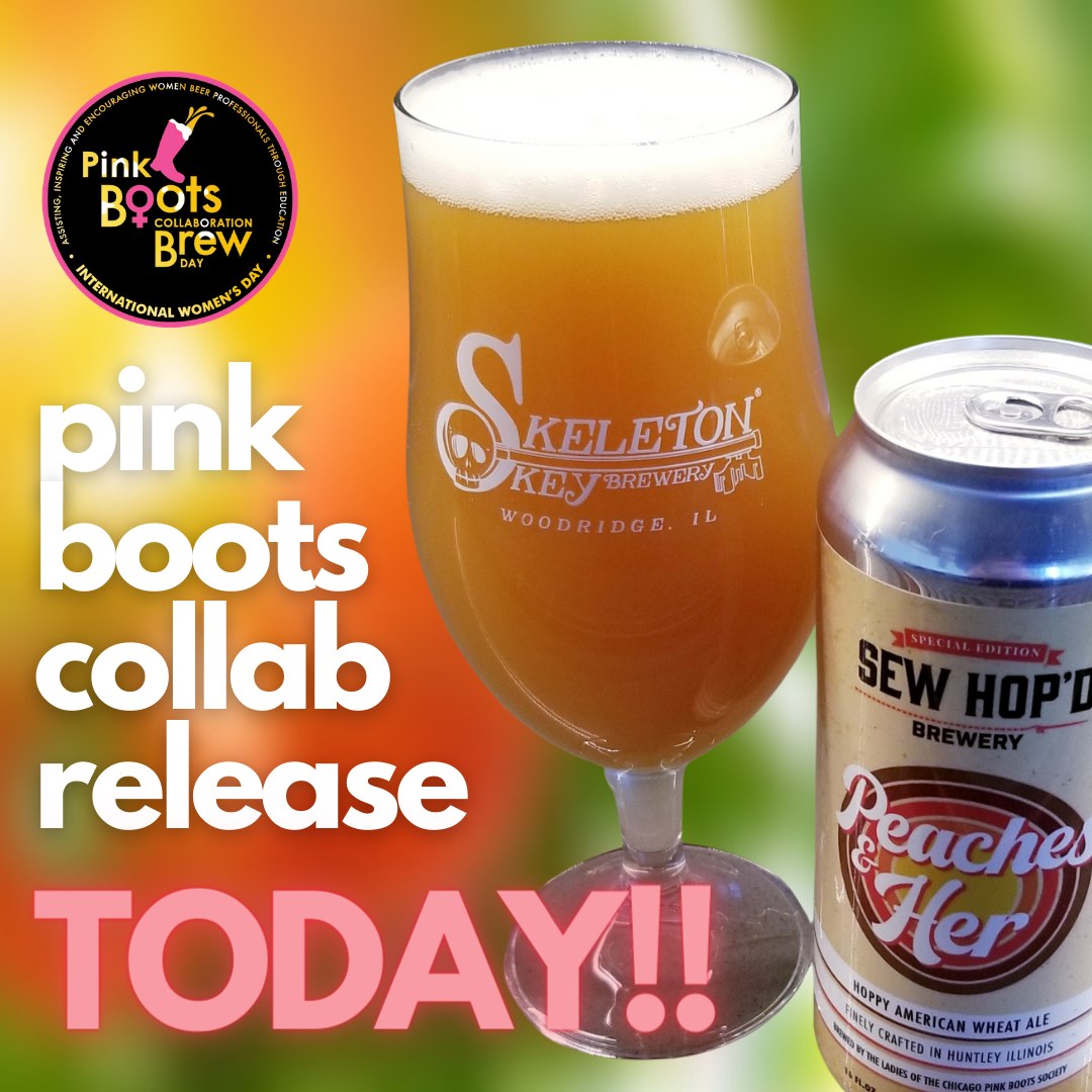 Glass and can of Peaches and Her, with Pink Boots Society logo