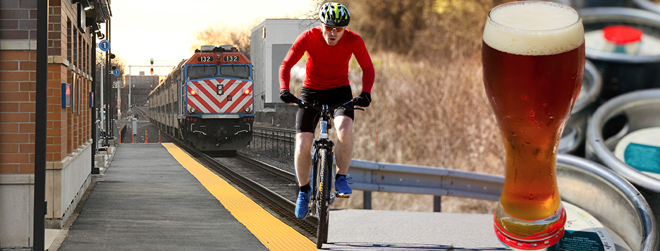 The metra train pulling into a stop, a man riding a bike on a trail, and a glass of beer