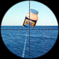 Picture through a submarine's periscope with a torpedo going to a jar of mayo.