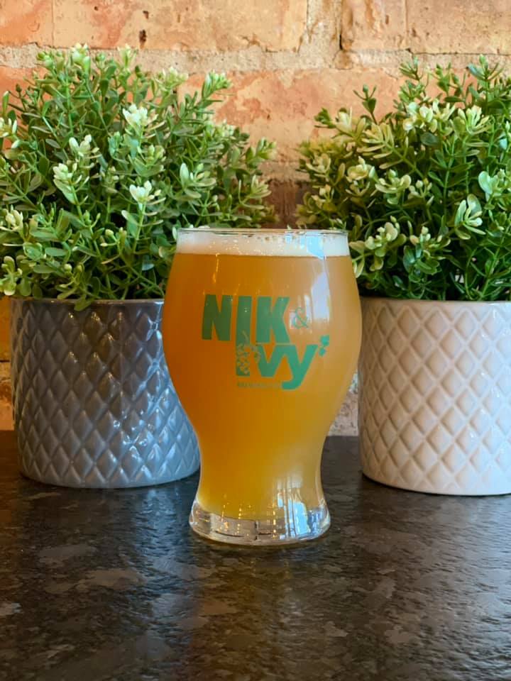 Hazy IPA in front of two artificial flower pots
