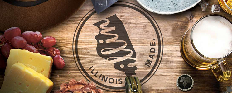 Illinois Made logo - surrounded be cheese, grapes, beer, and other consumables